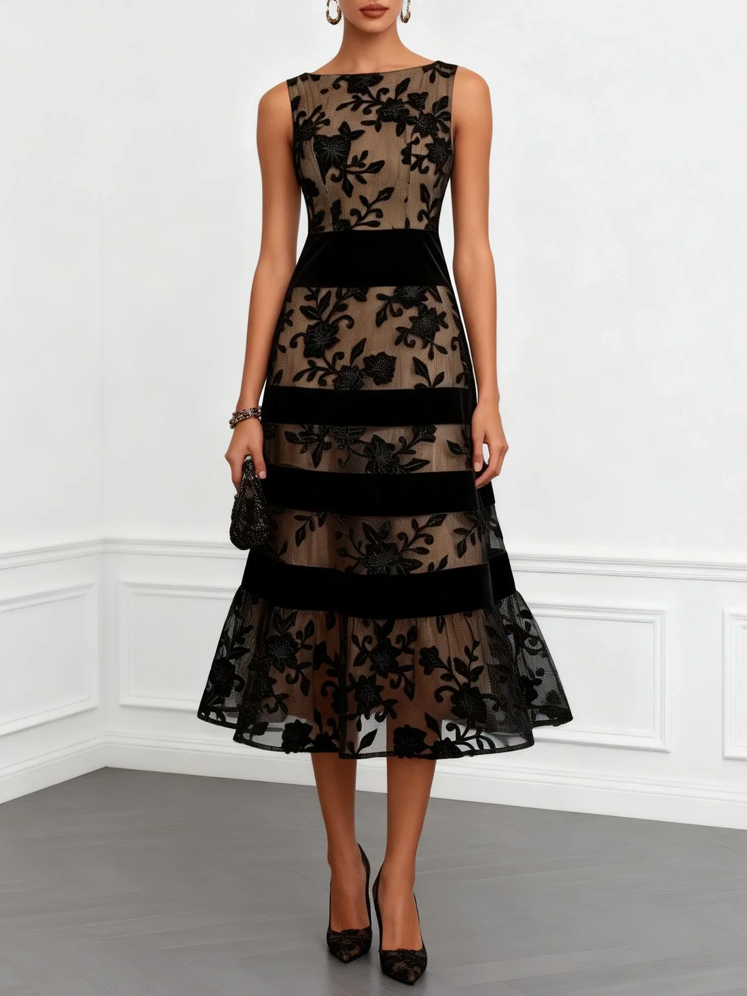 Image of Black Mesh Lace Jacquard Boat Neck Sleeveless A-Line Midi Dress