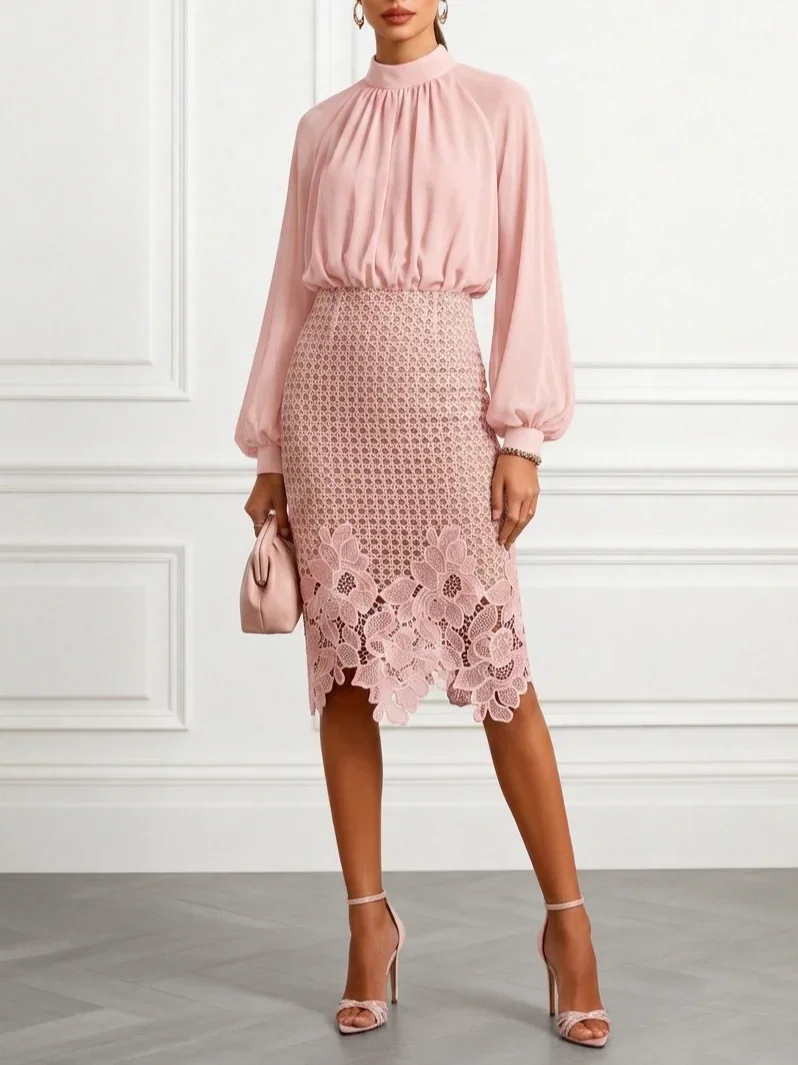Image of Women Light Pin Lace Mock Neck Long Sleeve Balloon Sleeve Elegant Top With Skirt Two-Piece Set