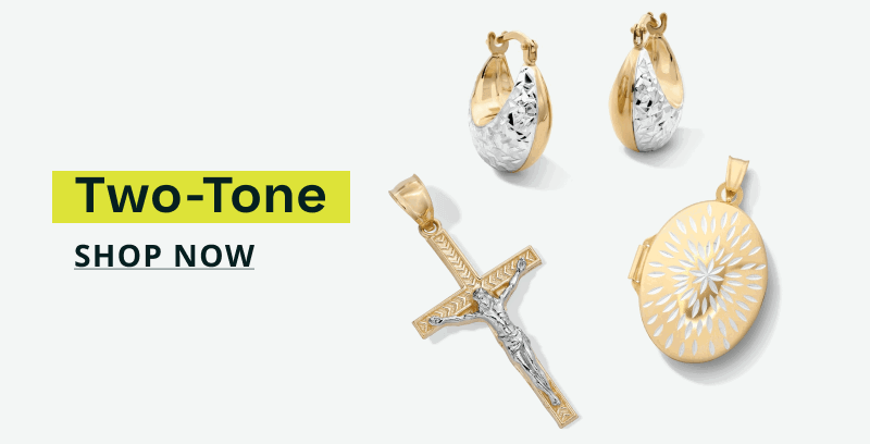 Two-tone chunky hoops, cross pendant & sunburst Medallion charm. Two-tone. Click here to shop now