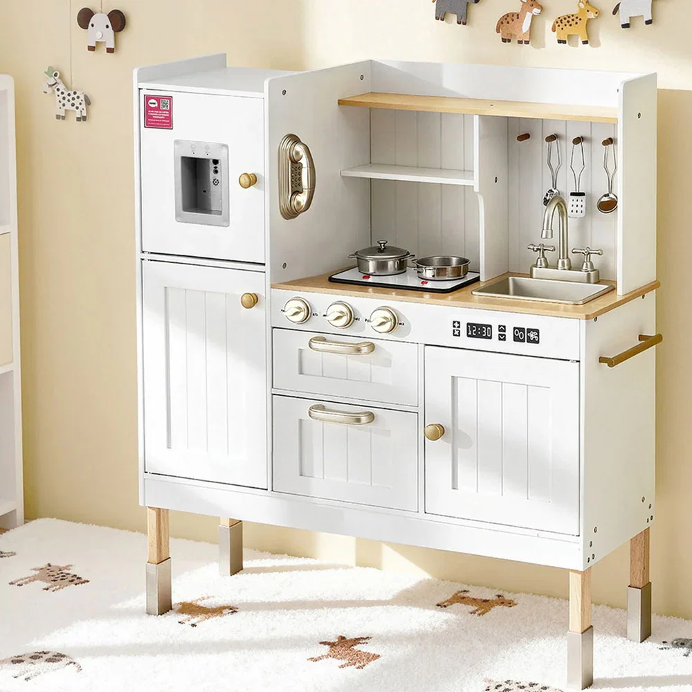 Kids Kitchen Play Set Wooden Pretend Toys Cooking Children Storage Golden