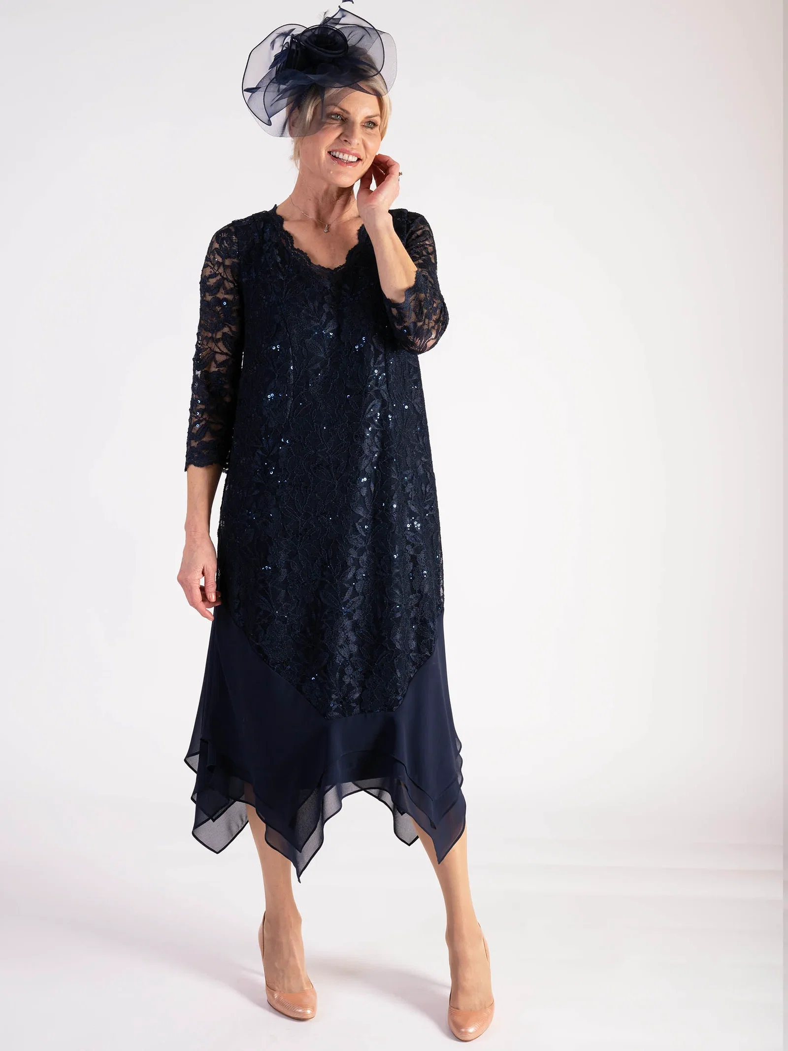 Image of Dark Navy Sequin Lace Dress with Chiffon Trim