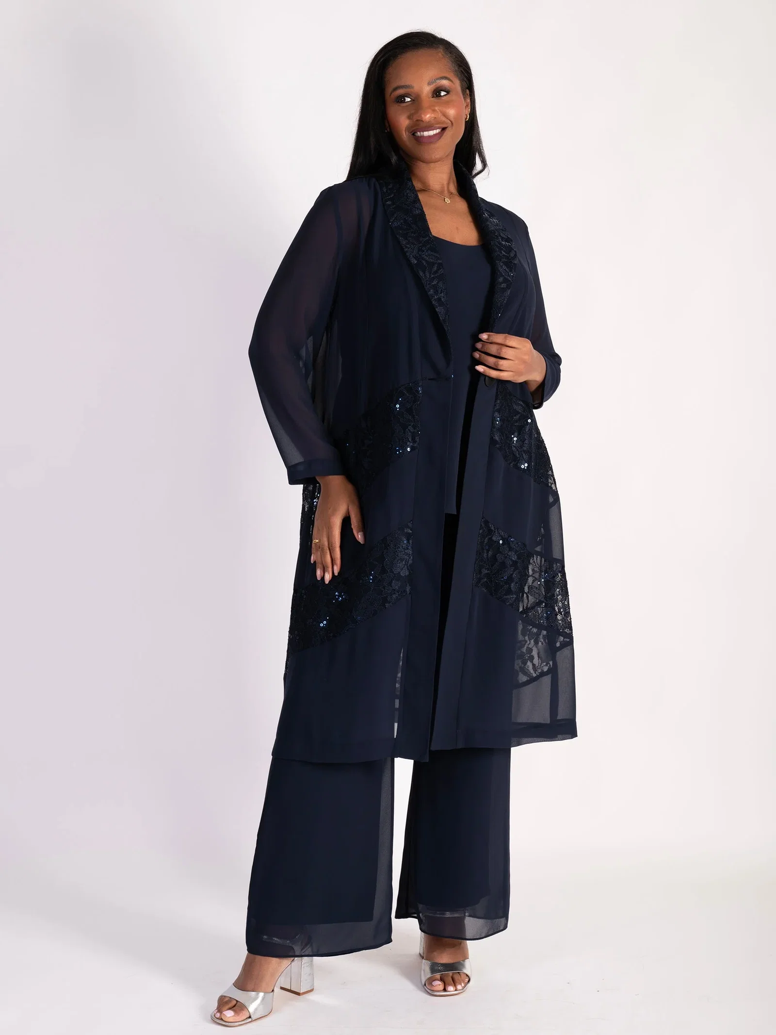 Image of Dark Navy Chiffon Barrel Coat with Lace Chevron Inset Trim