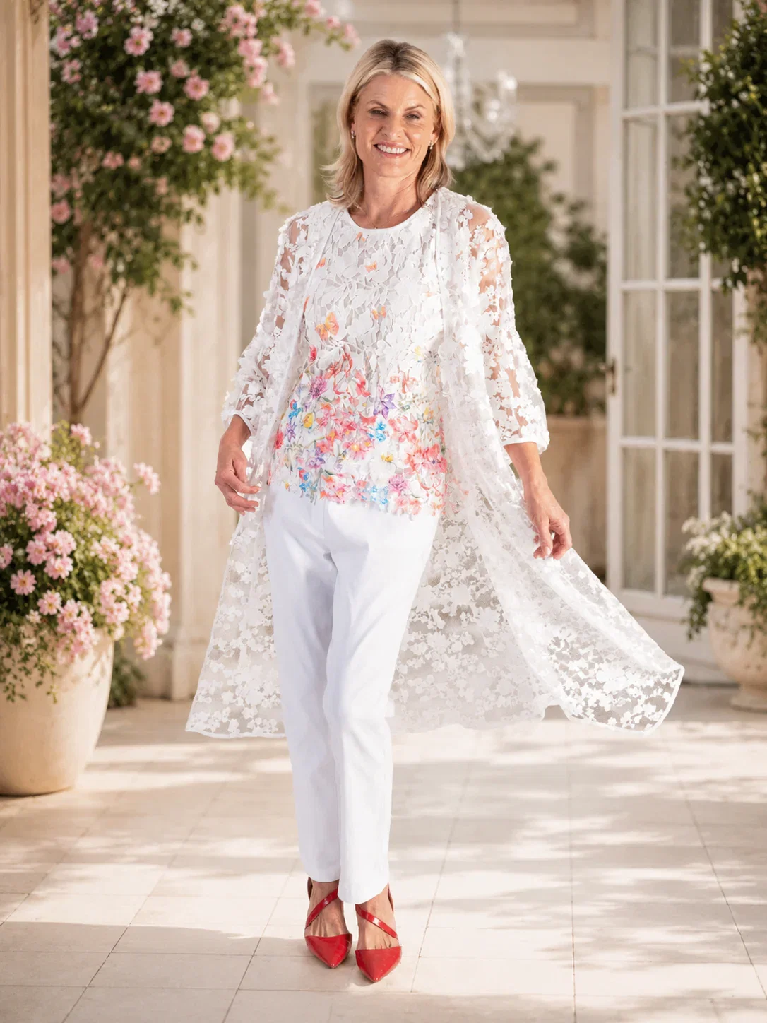 Image of White Flower Cascade Applique Lace Coat - Elegant & Versatile