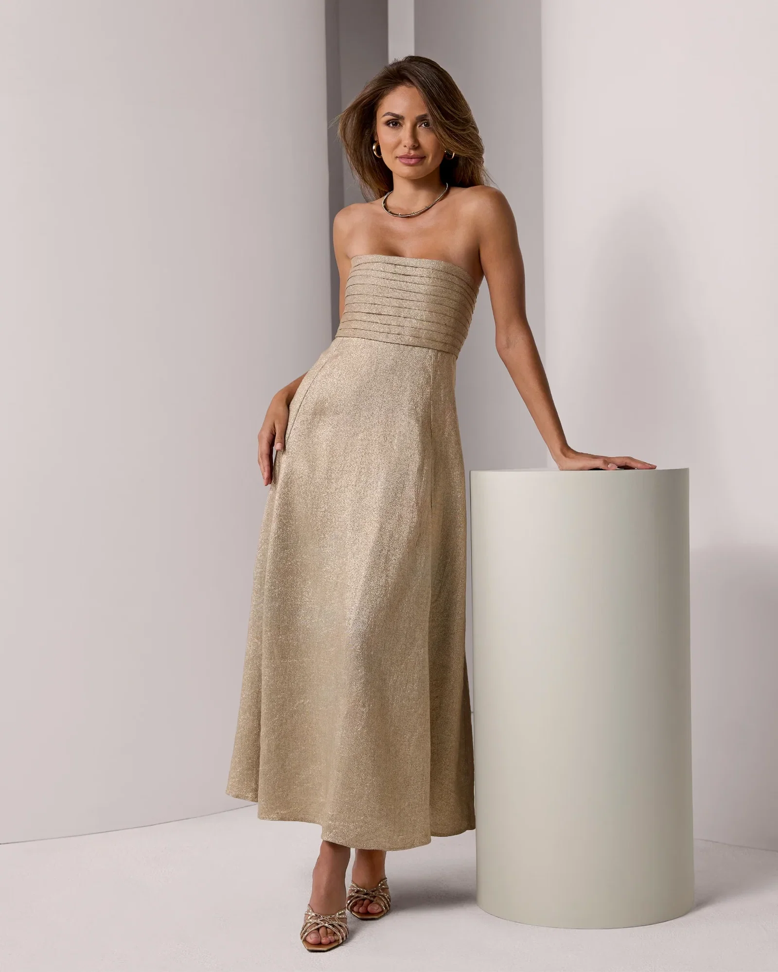 Image of Metallic Linen Pleated Strapless Dress Metallic Gold