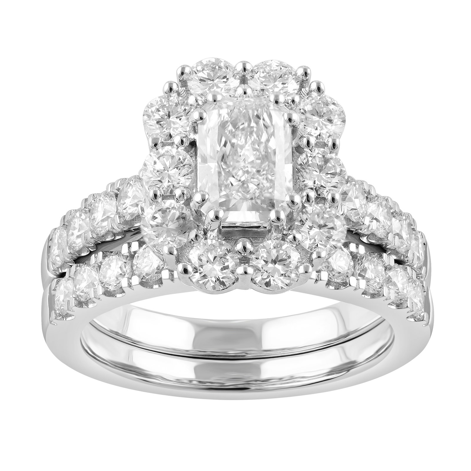 Image of Radiant-Cut Lab Grown 3ctw. Diamond Halo Engagement Ring Set in 14k White Gold