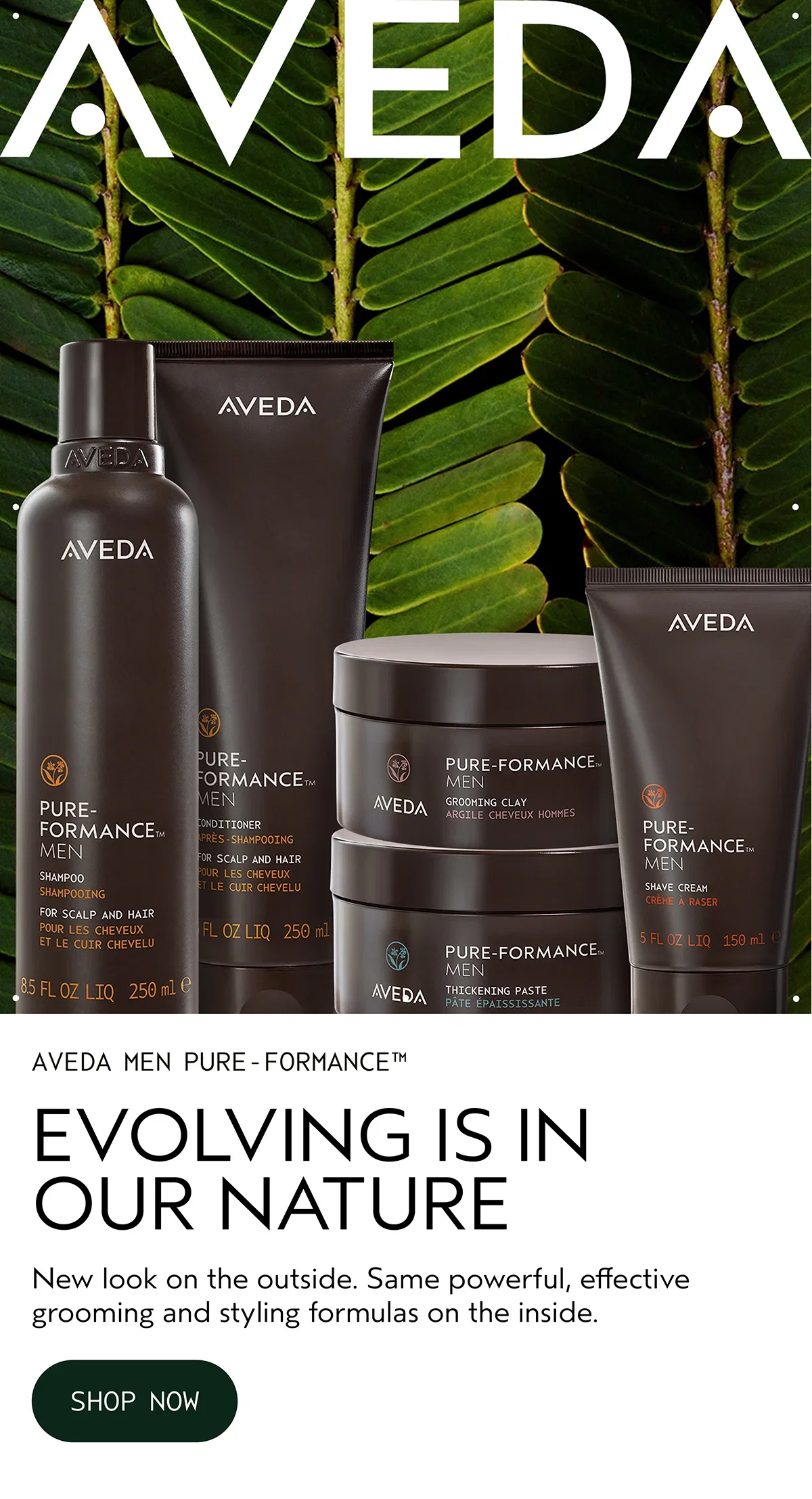 AVEDA | AVEDA MEN PURE-FORMANCE™ | EVOLVING IS IN OUR NATURE | New look on the outside. Same powerful, effective grooming and styling formulas on the inside. | SHOP NOW