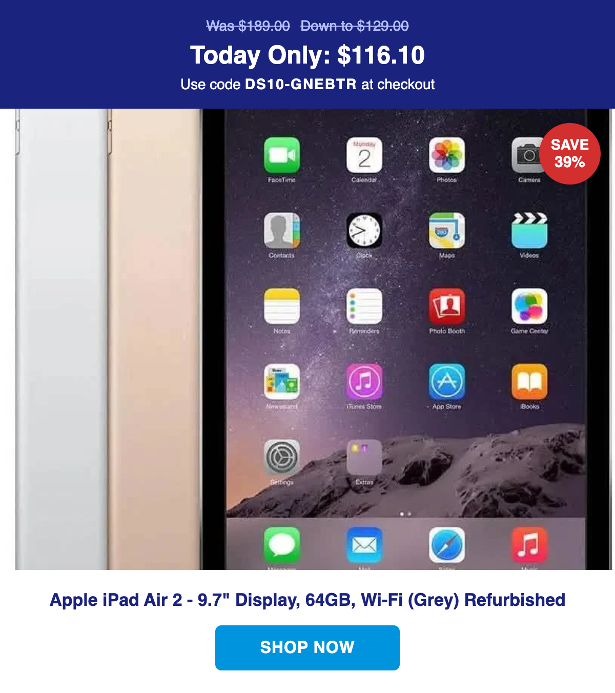 Apple iPad Air 2 deal poster - $129 was $189, Save 32%
