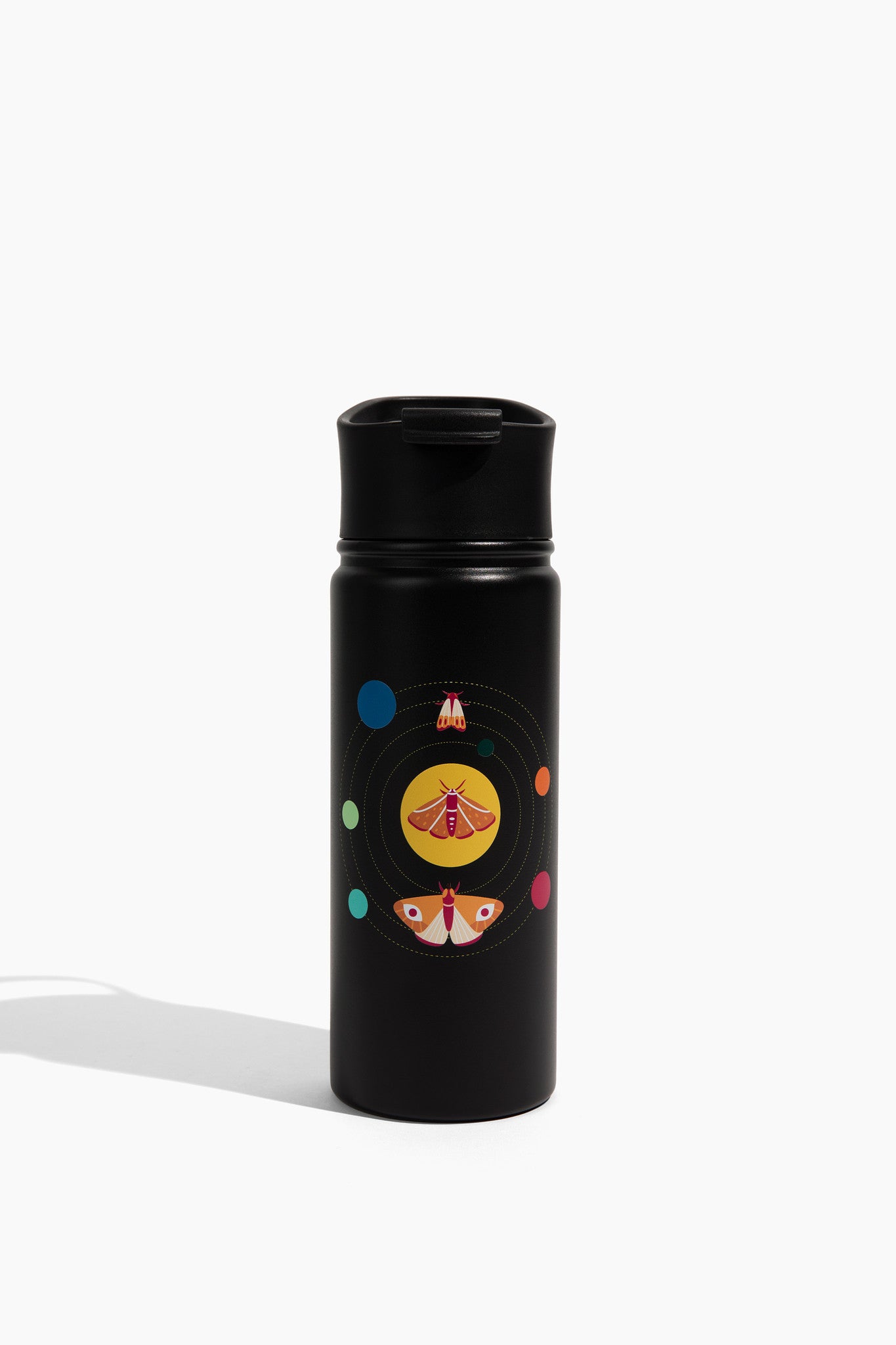 An 18oz insulated stainless steel water bottle in black with the colorful Butterfly Galaxy design.