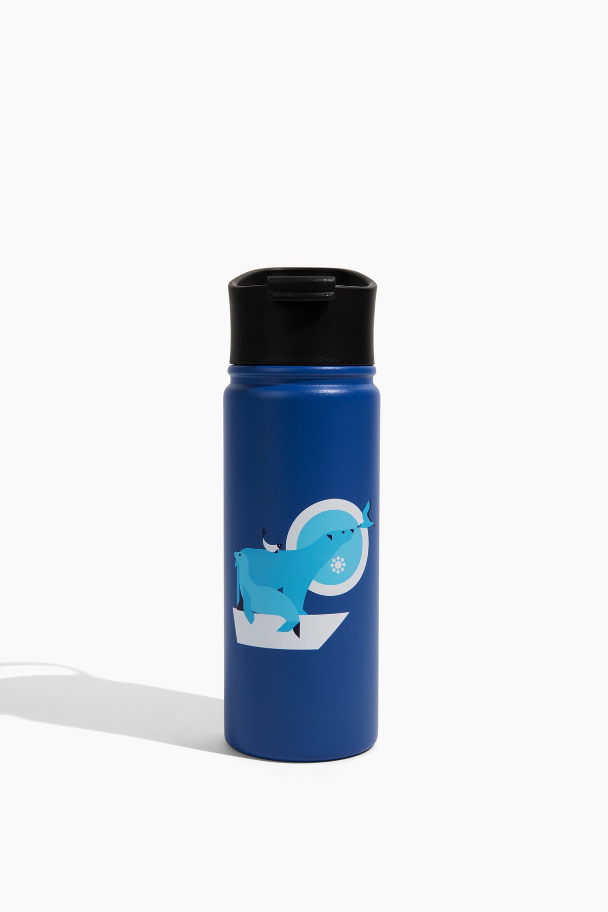 18oz insulated water bottle in navy with an arctic illustration.