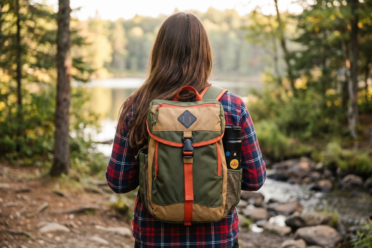 A woman with brunette hair seen from behind on a forest trail beside a lake, wearing a plaid flannel shirt and the olive United By Blue 9L Sidekick daypack with a black insulated water bottle in the side pocket.