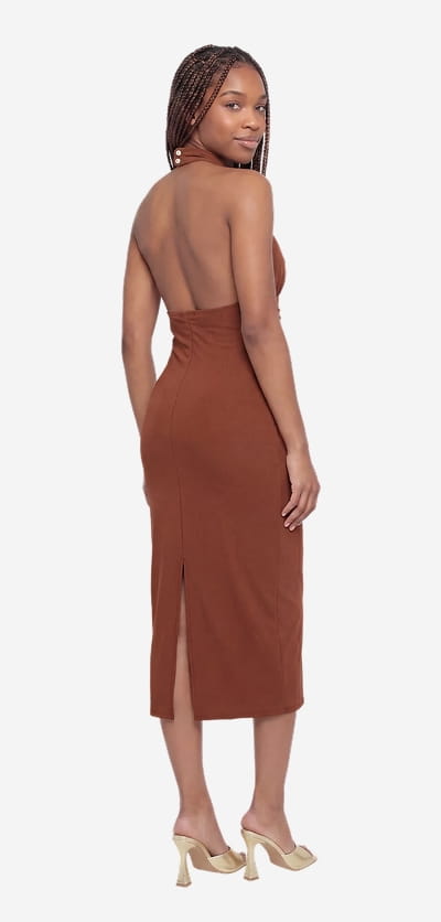 Shop Metallic Seashell Detail Sleeveless Halter Neck Midi Dress