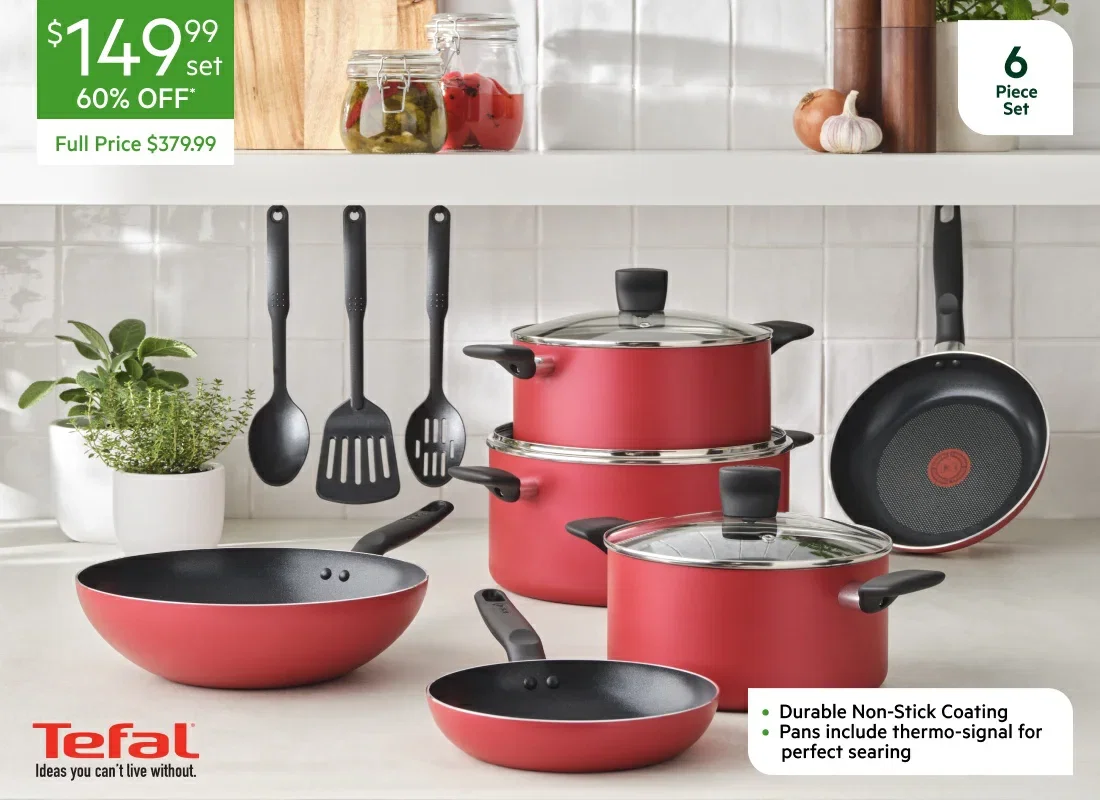 TEFAL Super Cook 6 Piece Cookset + 3 Utensils 