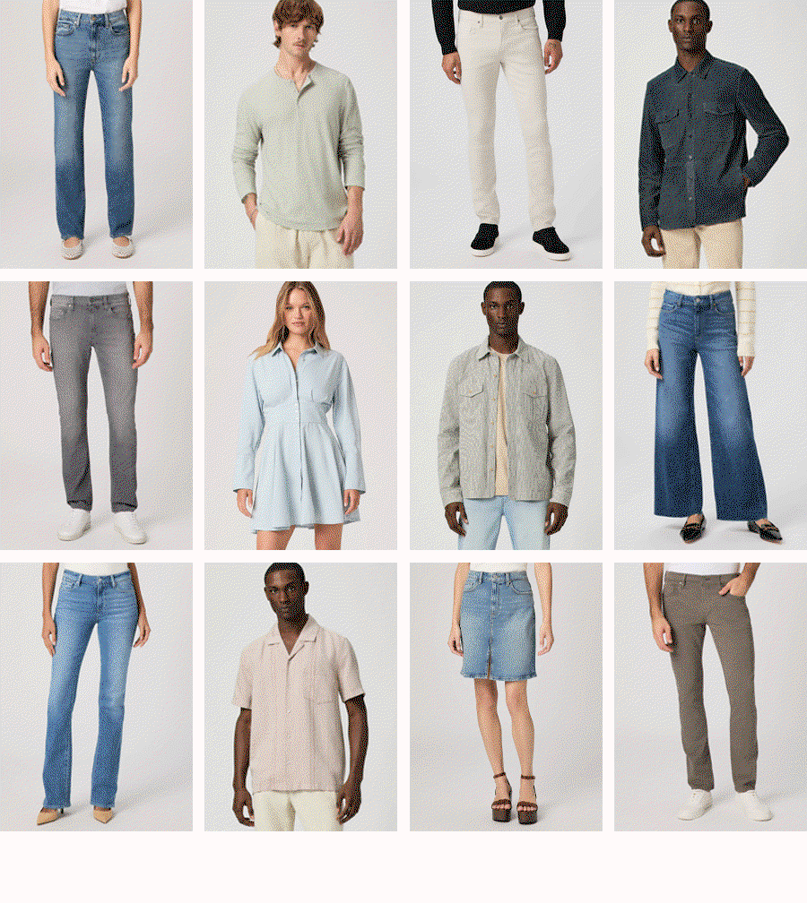 Animated image grid of alternating female and male models wearing various PAIGE clothing items.