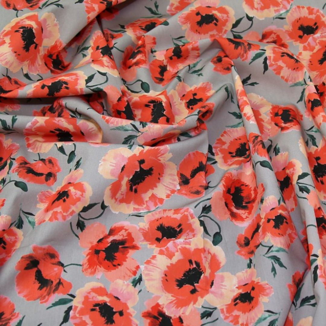 Lady McElroy 100% Cotton Poplin Fabric Coral on Grey