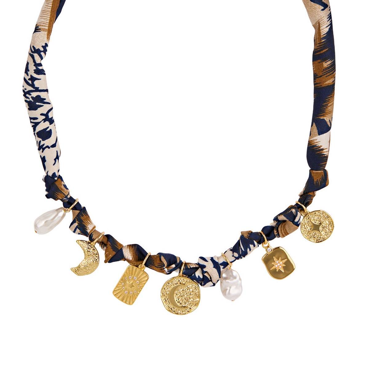 Gold Blue Print Scarf Charm Necklace