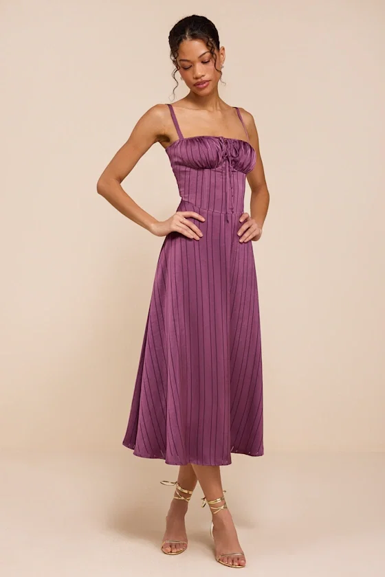 Image of Adlynn Purple Striped Satin Bustier Midi Dress