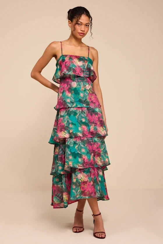 Image of Nia Teal Multi Jacquard Organza Tiered Midi Dress
