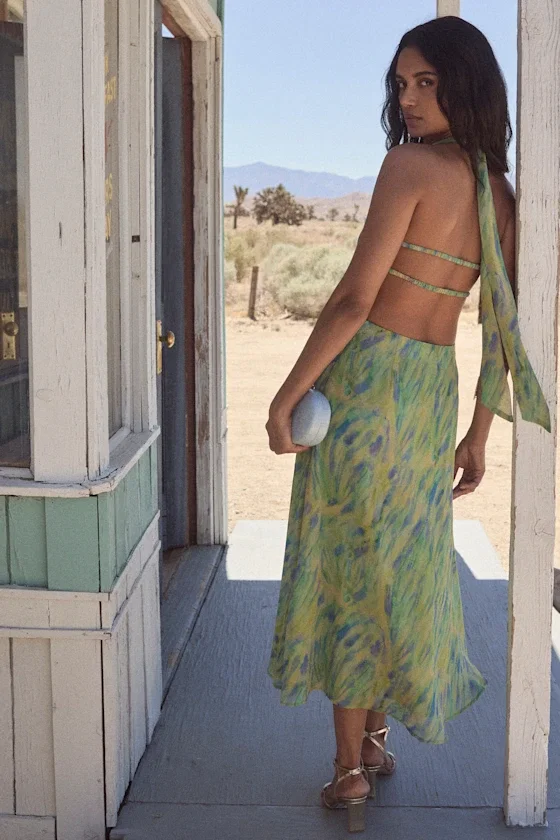 Image of Reyes Green Multi Abstract Halter Midi Dress