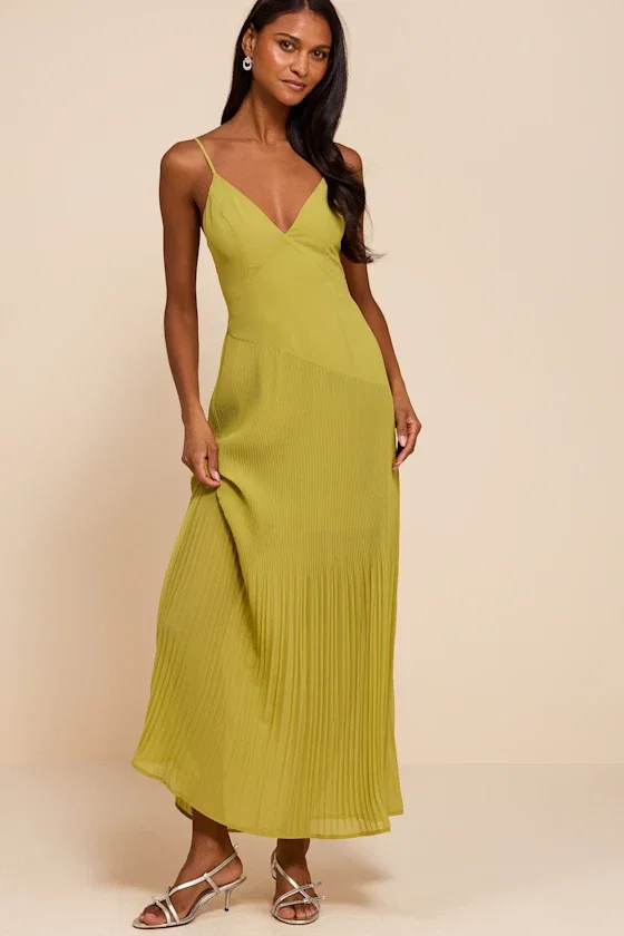 Image of Mura Chartreuse Pleated Drop Waist Midi Dress