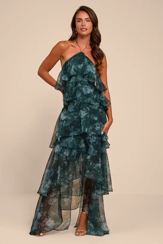 Image of Melody Dark Green Floral Tiered Halter Maxi Dress