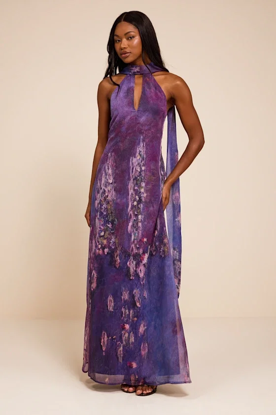 Image of Calixta Purple Abstract Chiffon Sash Shift Maxi Dress