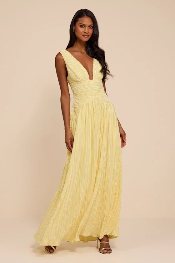 Image of Evaluna Light Yellow Plisse Maxi Dress