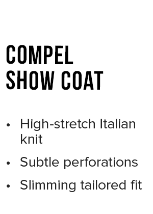 High-stretch Italian knit. Subtle perforations. Slimming tailored fit