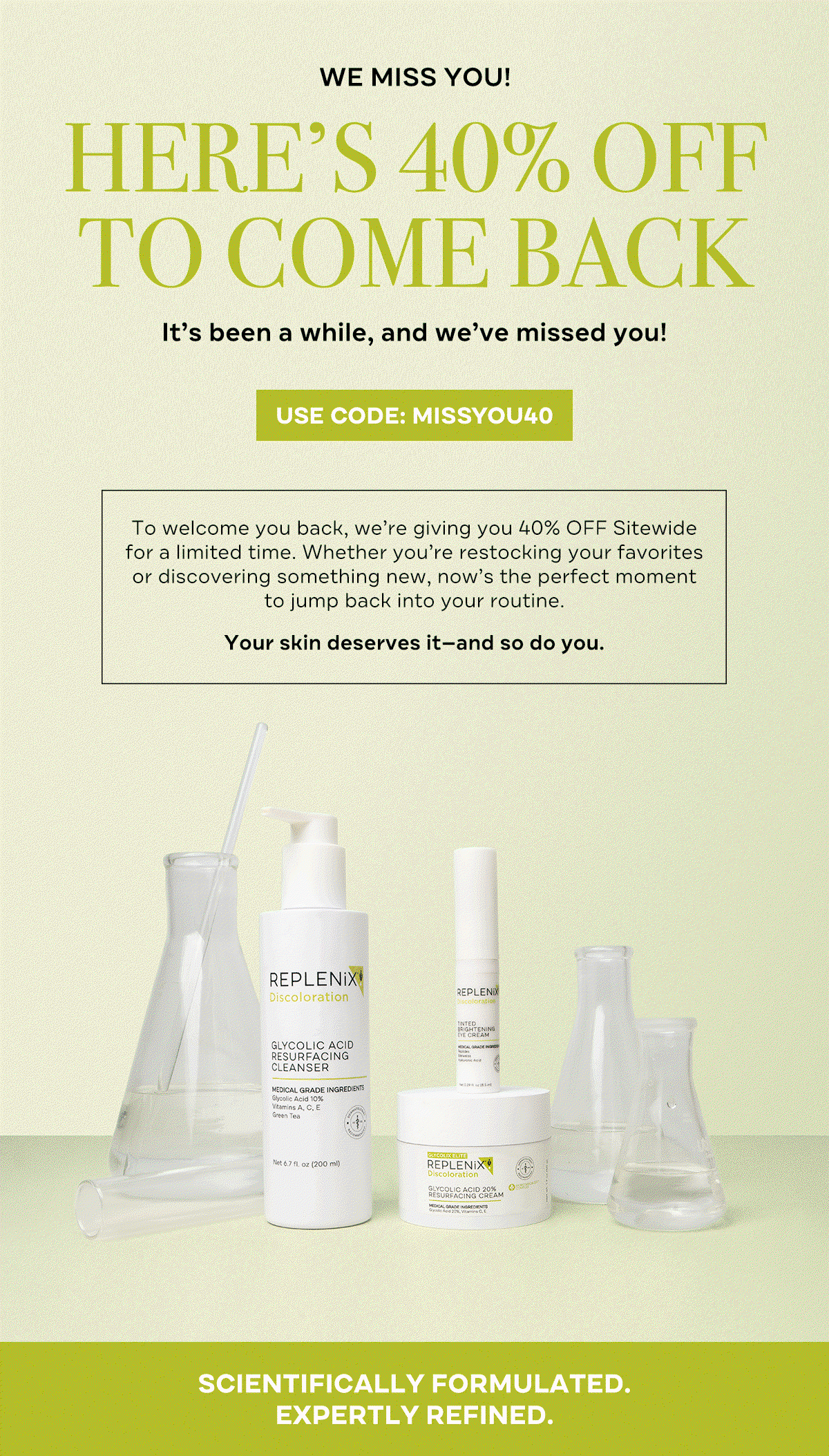 Replenix "We Miss You" campaign featuring 40% OFF Sitewide with code MISSYOU40. Clinical skincare products displayed with an invitation to return for a limited-time savings event.