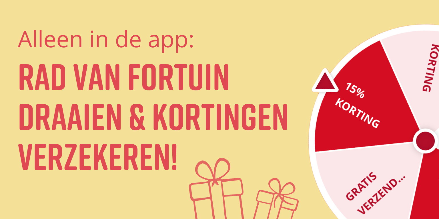 Een rad van fortuin met aanbiedingen 15% korting en gratis verzending op een gele achtergrond, tekst: 'Alleen in de app: Rad van fortuin draaien & kortingen verzekeren!'