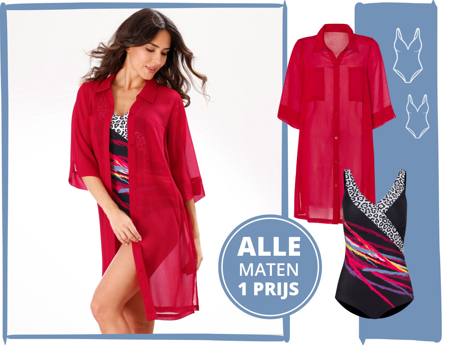 Een model draagt een rood, doorschijnend overhemdjurk over een kleurrijke badpak met luipaardprint en gekleurde strepen. Opschrift Alle maten één prijs.