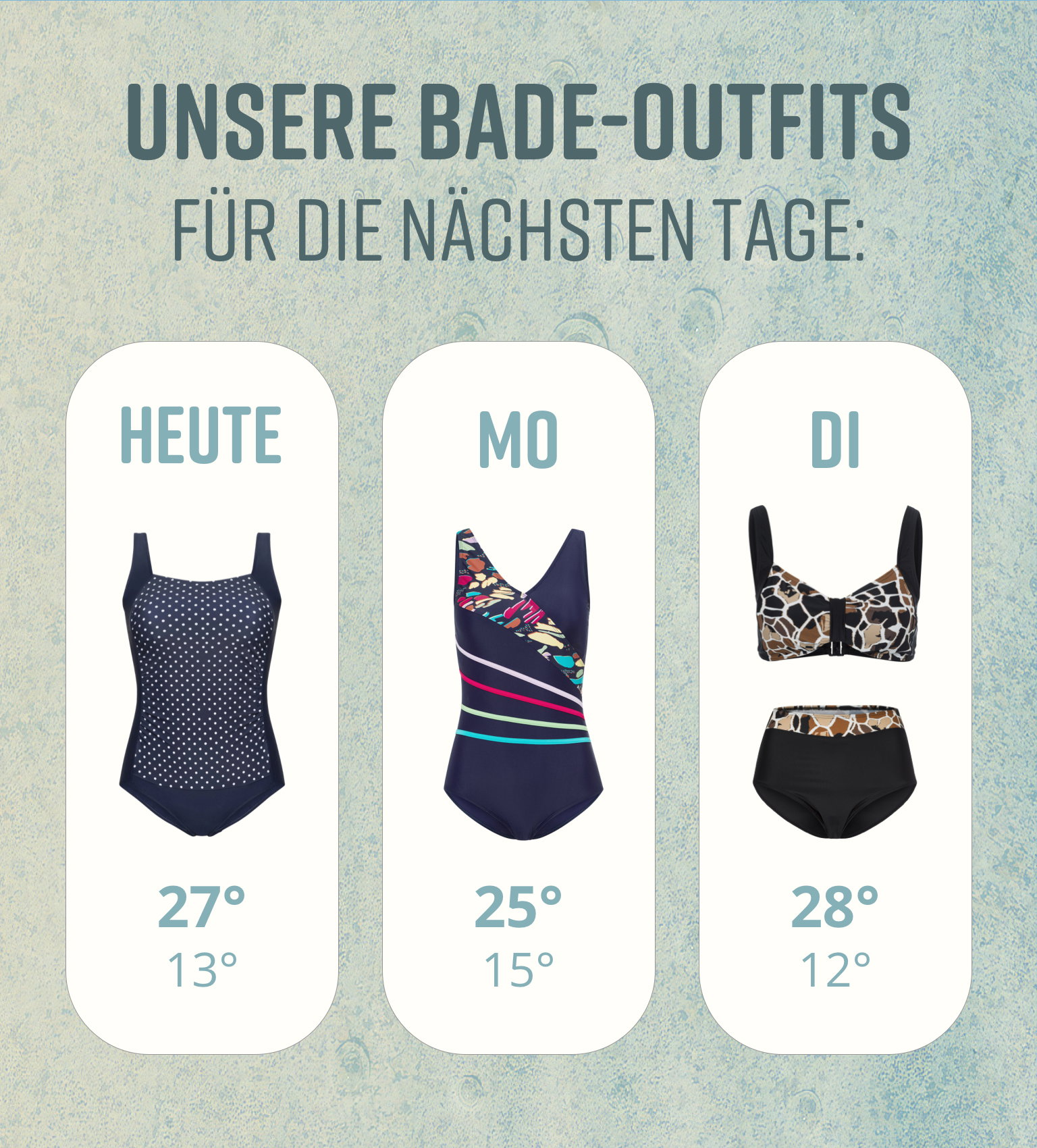  Es wird eine Wetterübersicht mit sommerlichen Outfits für verschiedene Wochentage gezeigt. Strand- und Bademode für Damen. Bild oder Schaltfläche darunter anklicken, um in den Shop zu gelangen >