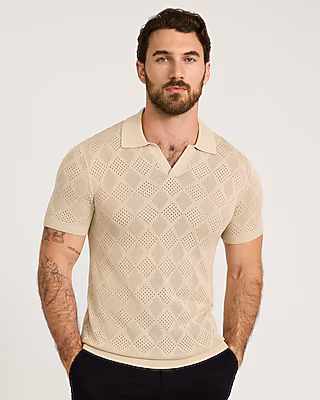 Luxtouch Jersey Open Knit Diamond Johnny Collar Sweater Polo