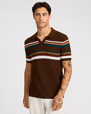 Cotton Open Knit Striped Pointelle Johnny Collar Short Sleeve Sweater Polo