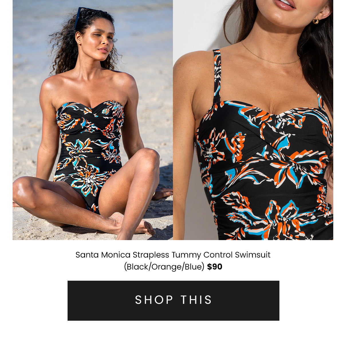Santa Monica Strapless Tummy Control Swimsuit - Black/Orange/Blue