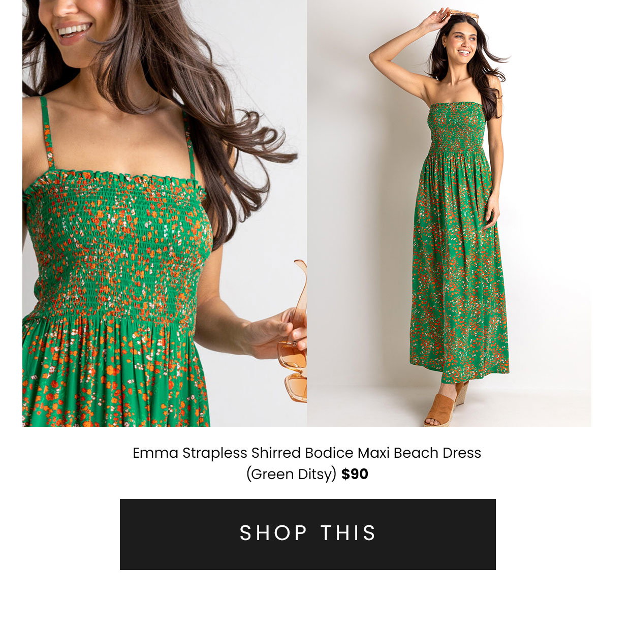 Emma Strapless Shirred Bodice Maxi Beach Dress - Green Ditsy