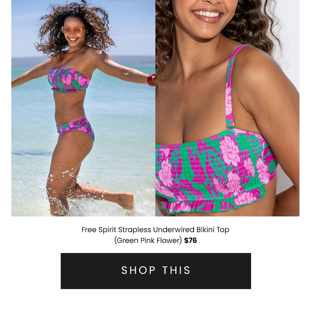 Free Spirit Strapless Underwired Bikini Top - Green Pink Flower