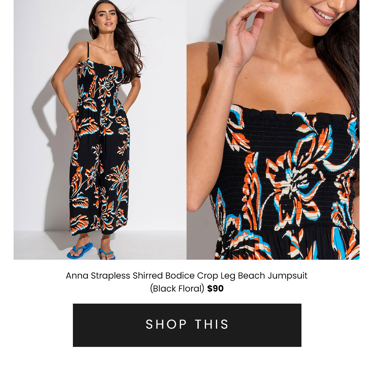 Anna Strapless Shirred Bodice Crop Leg Beach Jumpsuit - Black Floral