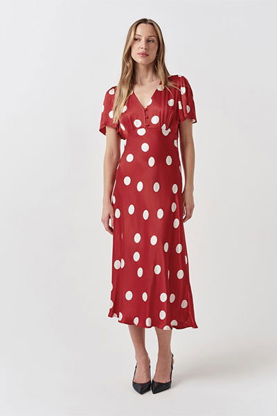 Elizabeth Polka Dot Satin Midi Tea Dress