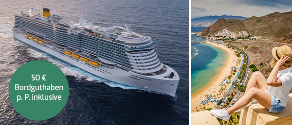 Bild-Collage: Außenansicht Costa Smeralda, Frau sitzt auf Mauer und schaut von einem Bild auf einen langen Strand hinab.