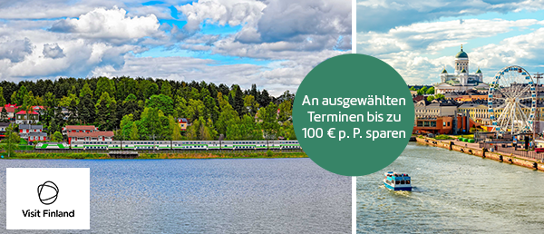 Bild-Collage: Bahn fährt an einem See in Finnland vorbei, Blick auf Oslo mit Riesenrad.