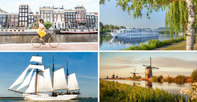 Bildcollage: Frau fährt mit dem Rad entlang einer Gracht in Amsterdam, Außenansicht Segelschiff Leafde fan Fryslân, Außenansicht MS De Willemstad, Windmühlen von Kinderdijk.