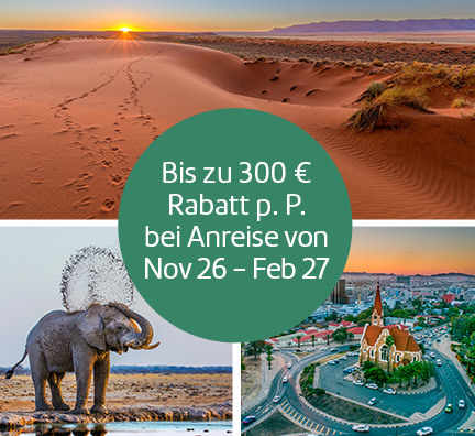 Bild-Collage: Rote Dünenlandschaft beim Sonnenuntergang, Elefant spritzt sich Wasser auf den Rücken, Blick auf eine Kirche in Windhoek.