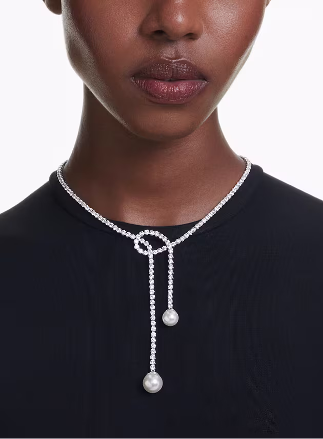 Matrix Y necklace, Crystal pearl, Round cut, White, Rhodium plated