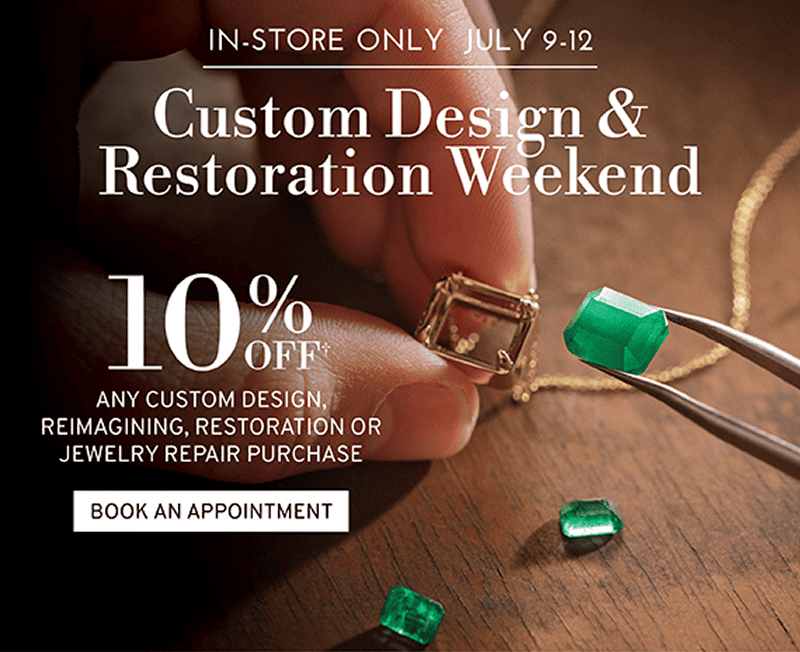 Workbench with tools and gemstones. Custom Design and Restoration Weekend. 10% off† July 9-12. Click to Book An Appointment