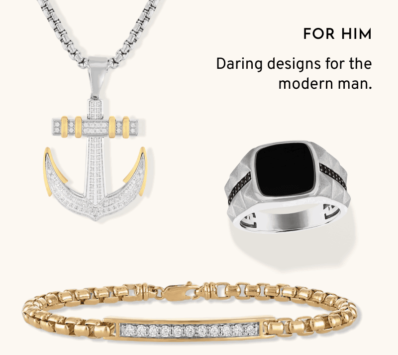Men’s pendant necklace, ring, and bracelet. For Him. Daring designs for the modern man. 