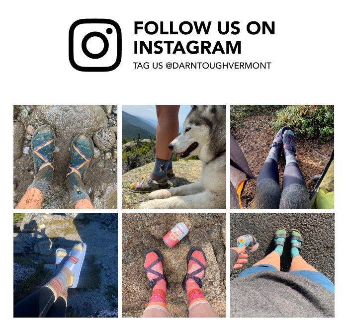 Follow Darn Tough on Instagram - a grid of photos from Instagram followers, featuring socks and sandals in the wild