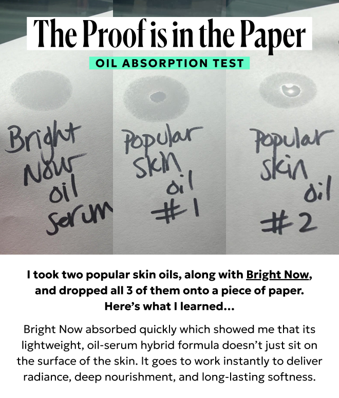 The proof is in the paper: Bright Now's lightweight formula absorbs quickly and delivers deep nourishment.