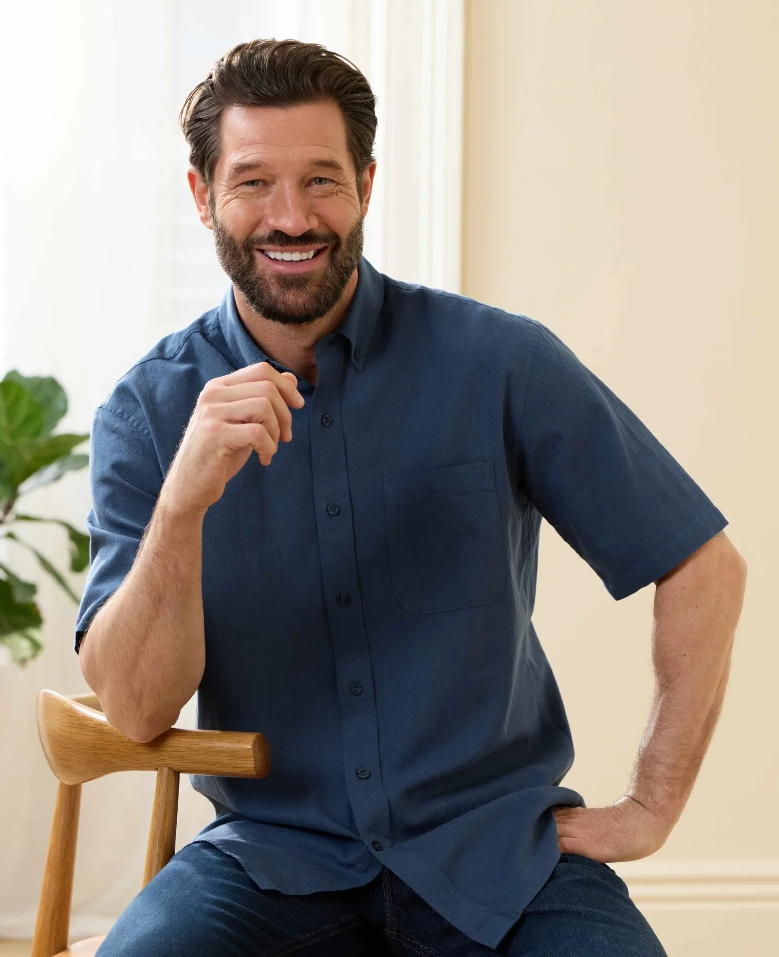 Image of Navy Linen Cotton Classic Fit Short Sleeve Shirt