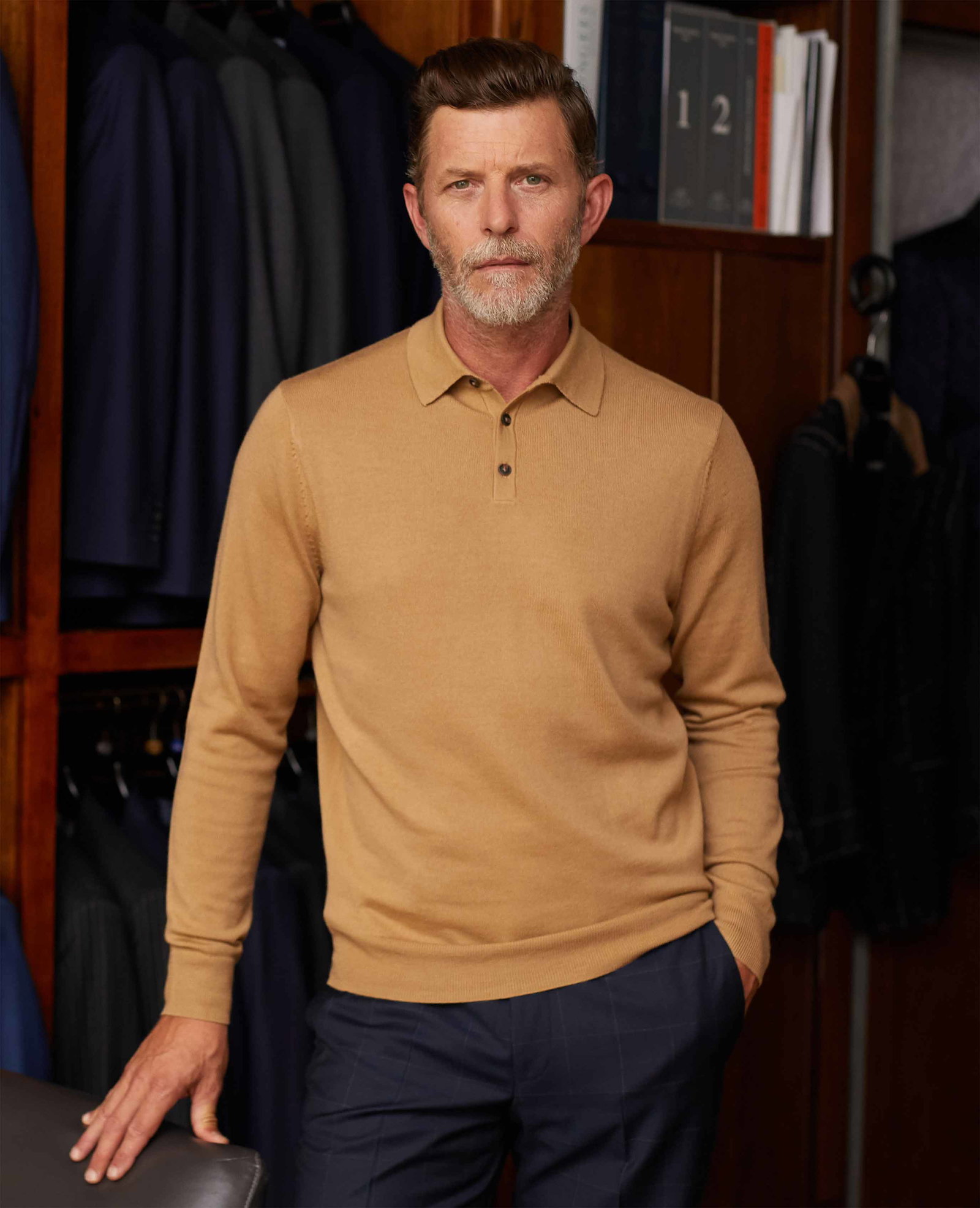 Image of Tan Merino Wool Knitted Polo Shirt