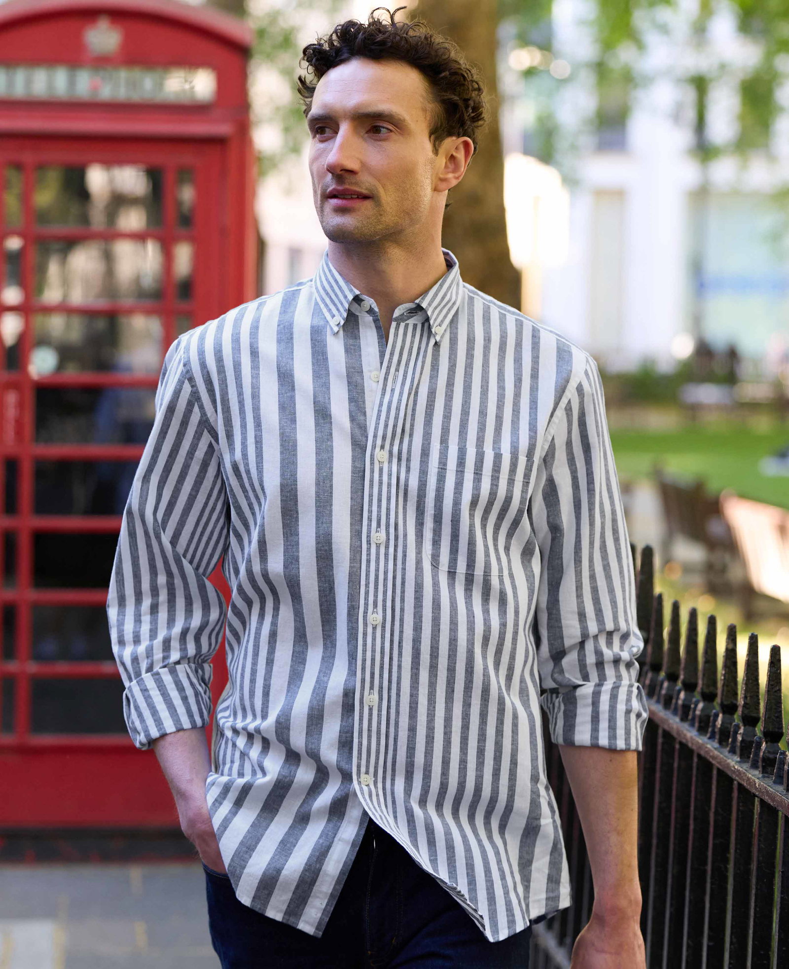 Image of Blue White Linen Cotton Stripe Classic Fit Shirt